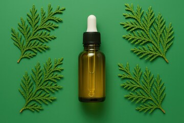 Fototapeta premium Natural Oil Bottle with Thuja Leaves on Green Background
