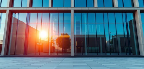 Sunlit geometric building facade with reflective glass windows, ample empty space,  blank, copy space