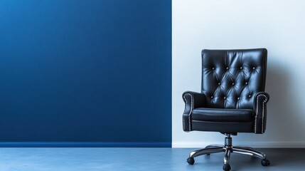 High-back executive leather chair sitting calmly in front of blue and white divided color backdrop
