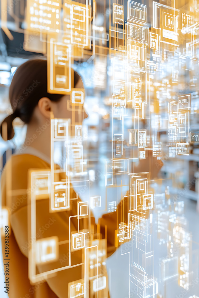 Poster digital interaction with data visualization in a modern office environment focused on technology and