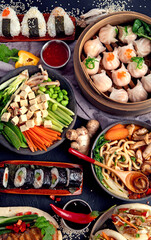 Big Assortment of Delicious asian foods.