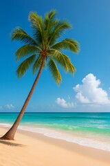 Idyllic tropical beach with coconut palm tree, turquoise water and blue sky, perfect vacation destination
