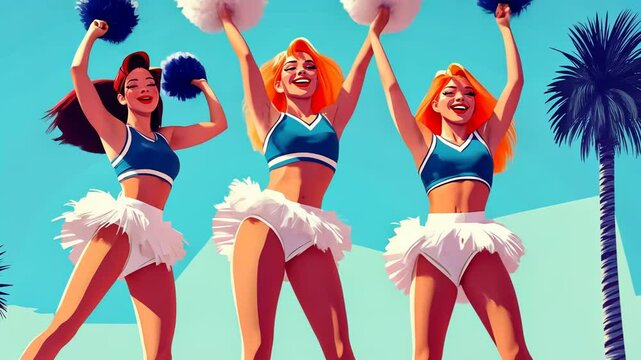 Cheerleader Squad with Pom-Poms Performing Stunts at Pep Rally