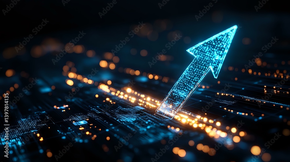 Poster glowing digital arrow rises from circuit board with bokeh lights, representing technological growth 