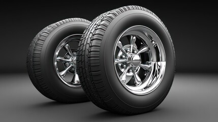 Two shiny black tires with chrome wheels against a dark backdrop