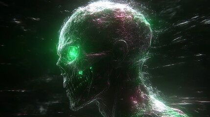 A glowing, digital skull with vibrant green eyes, set against a dark backdrop.
