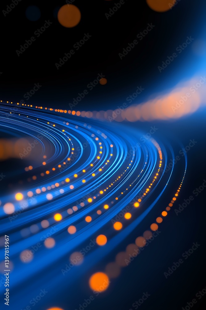 Poster glowing curved blue light trails with orange bokeh effects against dark background create dynamic mo