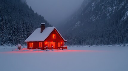 Fototapeta premium Cozy cabin glows amidst snowy landscape, nestled by forest & mountains in cold winter light