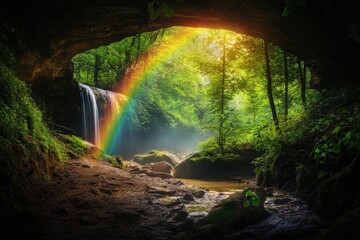 Rainbow over waterfall in deep forest, hidden magical moment captured in nature