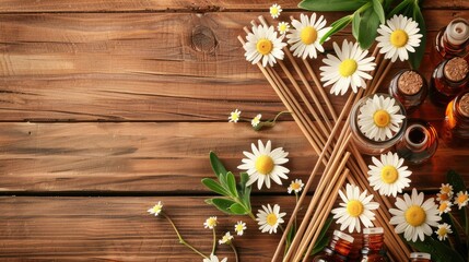 Fototapeta premium Rattan reed diffuser and essential oil bottles on a wooden table