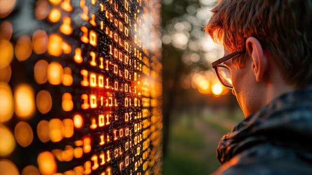 Man Contemplating Binary Code at Sunset