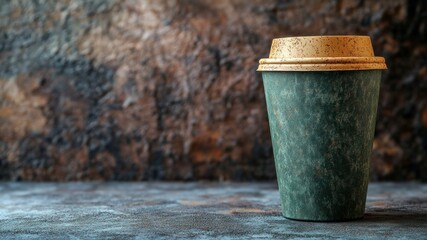 Naklejka premium A green disposable coffee cup with a gold lid stands against a rustic backdrop.