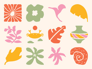 Floral doodle shapes in retro hippie 60s 70s style vector collection. Flower hand drawn organic shapes design for seamless pattern, prints and wallpaper.