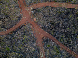 Aerial view of ancient volcanic vineyards with rugged terrain and pathways, Pico Island, Azores, Portugal.