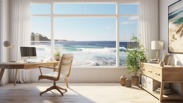 A coastal office retreat with large windows offering a sea view, perfect for a virtual Google meeting background, blending modern workspace design with serene surroundings.

