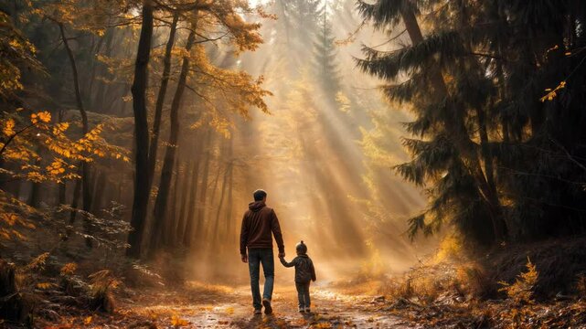 A heartwarming scene of a father and child walking hand in hand through a misty autumn forest with golden light streaming through the trees.
