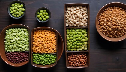 Assorted small, cubed, and whole food items displayed in divided bowls.