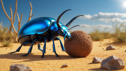 Blue Scarab Beetle Pushing Dung Ball Across Arid Desert Landscape Scene