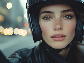 Biker girl on a motorcycle in a big city