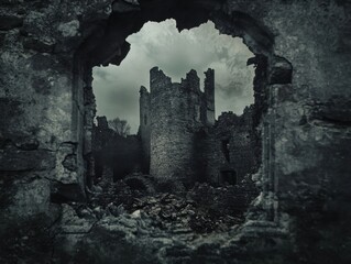 Ruined castle mirrored in cracked mirror with gothic drama and space for text left