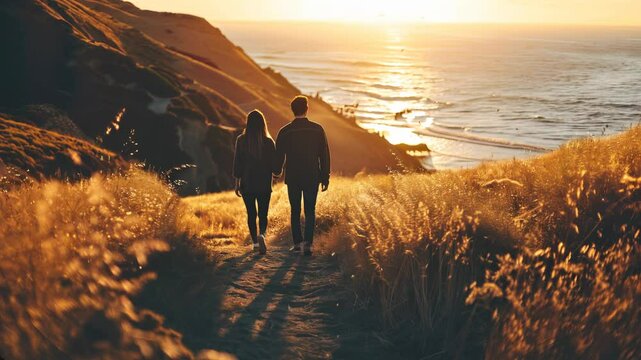 A couple walks hand in hand along a beach at sunset, with soft light illuminating the sand and ocean, creating a romantic scene.
