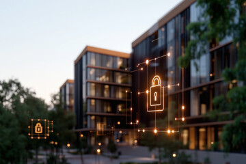 Secured Buildings: Glowing Lock Symbol in Front of Modern Architecture for Enhanced Safety and Security