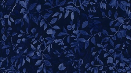 A dark navy blue fabric featuring a repeating pattern of delicate, painted leaves and branches.