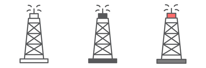 Oil rig icon collection, fuel tower and drilling rig, oil derrick vector icon set, vector graphics, editable stroke outline sign, eps 10