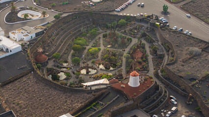 Aerial view of the unique cactus garden with pathways and structures, Guatiza Town, Lanzarote Island, Canary Islands, Spain.