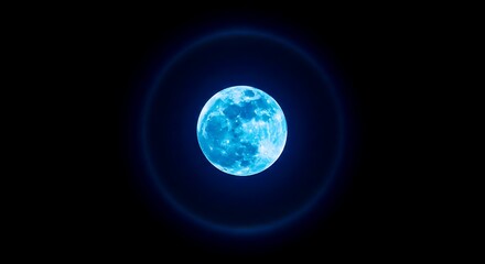 Naklejka premium Blue Super Moon with Glowing Halo – Isolated on Black Night Sky Background