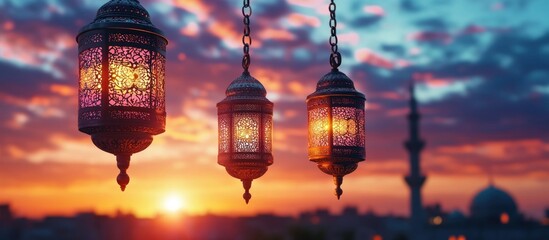 Obraz premium Three ornate lanterns illuminate during a beautiful sunset over the city