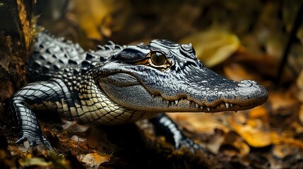 Obraz premium A cunning American alligator lurking just beneath the swamp surface, sharp snout and eyes visible, high-resolution close-up, natural soft lighting