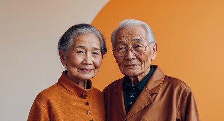 Caucasian elderly couple on orange plain bright background modern chic fashion pose  model portrait  portrait banner with copy space ad concept marketing
