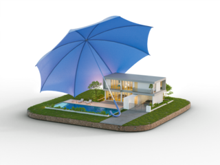Luxury house with swimming pool isolated on empty background in real estate sale or property investment concept. Buying new home for big family. 3d illustration of residential building exterior.