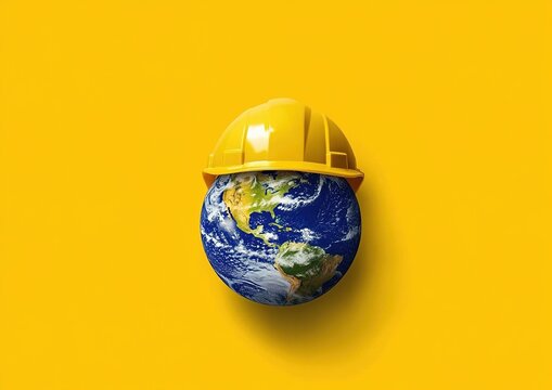 Happy Labor Day concept yellow background. Earth with yellow helmet isolated on yellow background. 1st May Labour day celebration.