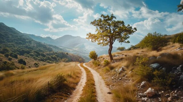 A peaceful dirt path winds through hills, leading toward distant mountains under a bright sky with soft clouds.

