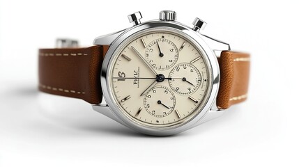 Classic chronograph wristwatch with brown leather strap.