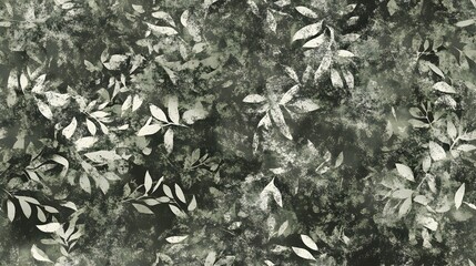 A muted gray-green pattern of distressed leaf silhouettes.
