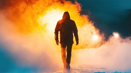 Obraz premium Silhouette figure walks through smoky night