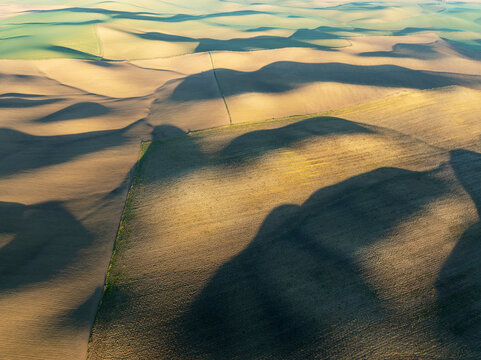 Aerial view of serene farmland with picturesque fields and tranquil patterns, Campina Cordobesa, Cordoba, Spain.