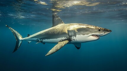Fototapeta premium A deadly great white shark gliding just beneath the ocean surface, rows of sharp teeth visible, high-definition underwater clarity, sunlight penetrating water