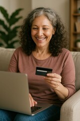 Happy Woman Enjoying Simple Online Shopping Experience at Home