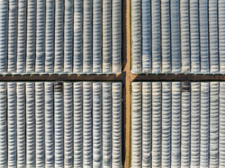 Aerial view of greenhouses in organized rows and patterns, Isla Cristina, Huelva, Spain.