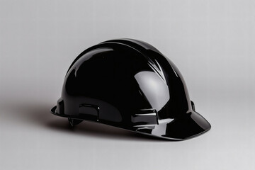 Fototapeta premium A glossy black hard hat designed for safety in construction and industrial environments. Protection gear.