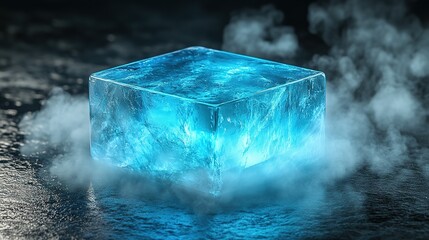 Glowing sapphire nanostructure refracting light, surrounded by faint scratches and fog particles. Minimalist elegance meets intricate light play.