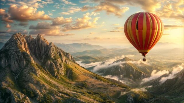 A vibrant hot air balloon floats above rugged mountains, with soft golden light casting a beautiful glow over the landscape.
