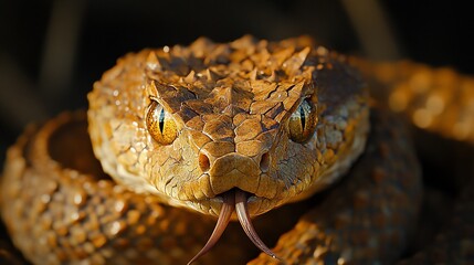 Fototapeta premium Desert snake strikes with forked tongue out in arid landscape, blurred background