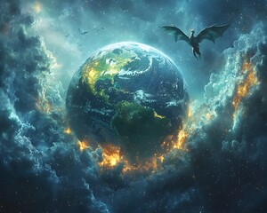 Obraz premium A fantastical view of Earth surrounded by mythical creatures in space