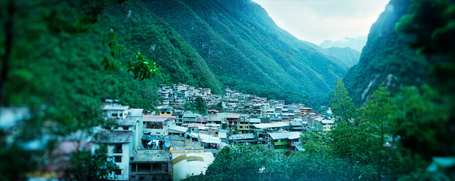 High angle view of a town, Aguas Calientes, Andes, Urubamba Province, Cusco Region, Peru.
