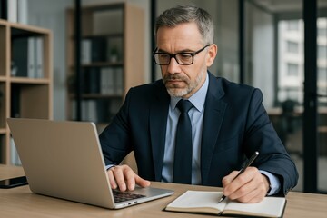 Fototapeta premium Focused Executive Working on Laptop in Modern Business Setting